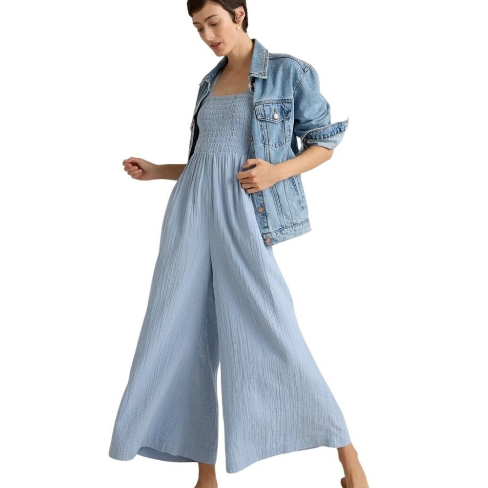 Quince 100% Organic Cotton Gauze Wide Leg Smocked Jumpsuit sz LG/XL Blue